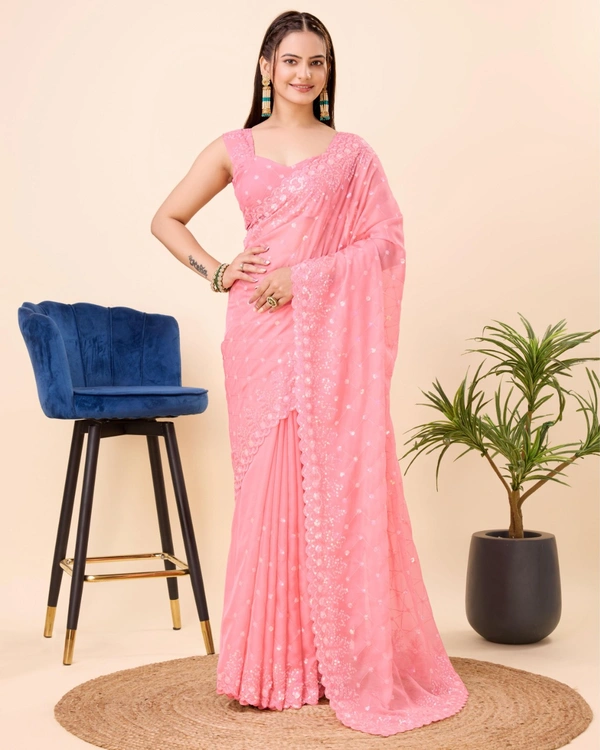 FWVLS PARTY WEAR TABBY SILK ORGANZA SAREE WITH BLOUSE PIECE - Pink