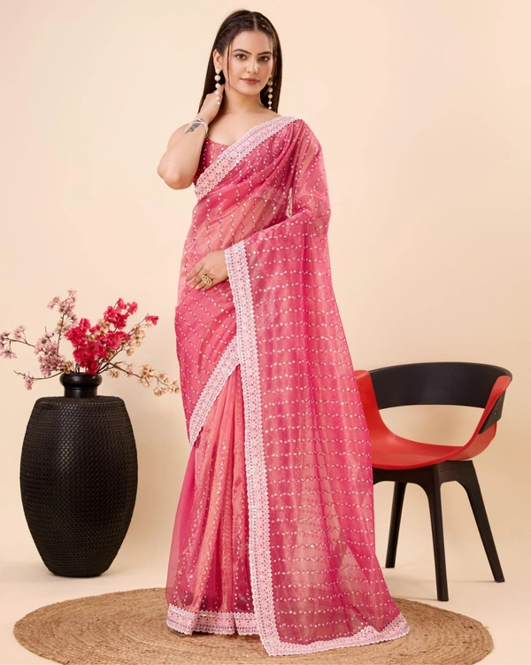 FWVLS PARTY WEAR SEQUINS EMBROIDERED SOFT NET SAREE WITH BLOUSE - Hot Pink