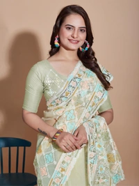 FWVLS BUTTERFLY NET PARTY WEAR EMBROIDRED SAREE WITH BLOUSE - Pista