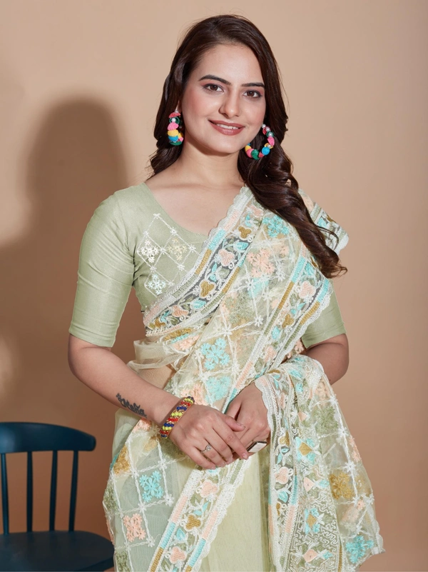 FWVLS BUTTERFLY NET PARTY WEAR EMBROIDRED SAREE WITH BLOUSE - Pista