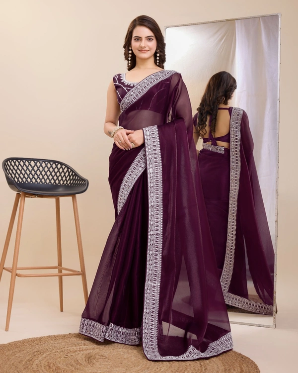 FWVLS PARTY WEAR EMBROIDERED SAREE WITH BLOUSE PIECE  - Livid Brown