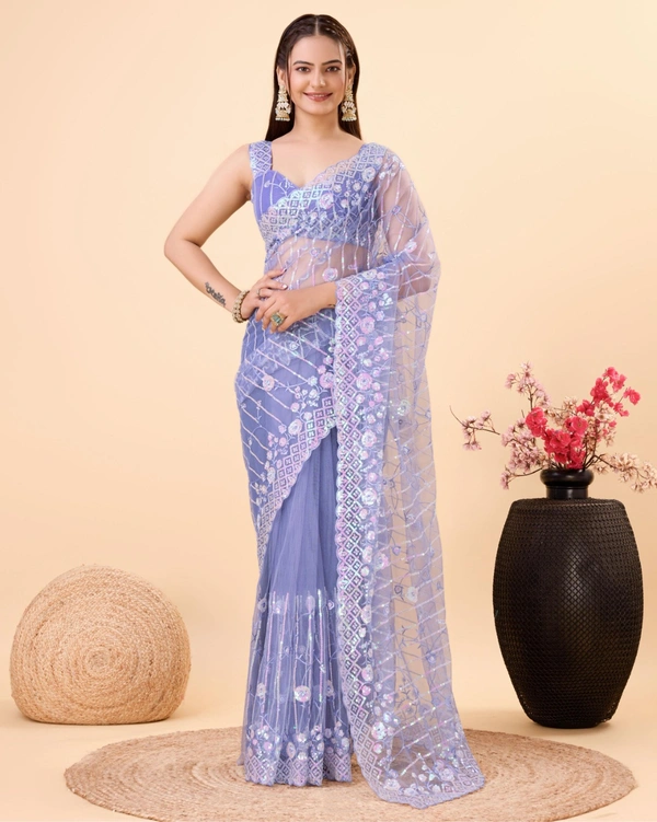 FWVLS PARTY WEAR SOFT NET EMBROIDERED DESIGNER SAREE WITH BLOUSE PIECE - Blue