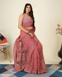 FWVLS SOFT NET CHIKANKARI EMBROIDRED SAREEE WITH BLOUSE PIECE - Pink