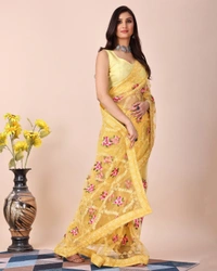 FWVLS CHIKANKARI EMBROIDERED SOFT NET SAREE WITH BLOUSE PIECE - Yellow