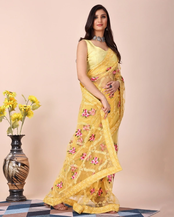 FWVLS CHIKANKARI EMBROIDERED SOFT NET SAREE WITH BLOUSE PIECE - Yellow