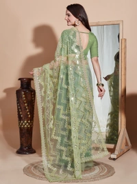 FWVLS DESIGNER SOFT NET SEQUINS WORK SAREE WITH BLOUSE PIECE - Green