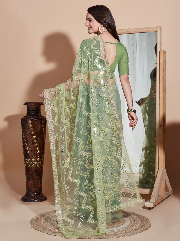 FWVLS DESIGNER SOFT NET SEQUINS WORK SAREE WITH BLOUSE PIECE - Green