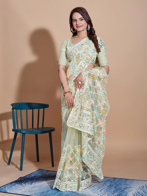 FWVLS BUTTERFLY NET PARTY WEAR EMBROIDRED SAREE WITH BLOUSE - Pista