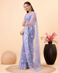 FWVLS PARTY WEAR SOFT NET EMBROIDERED DESIGNER SAREE WITH BLOUSE PIECE - Blue