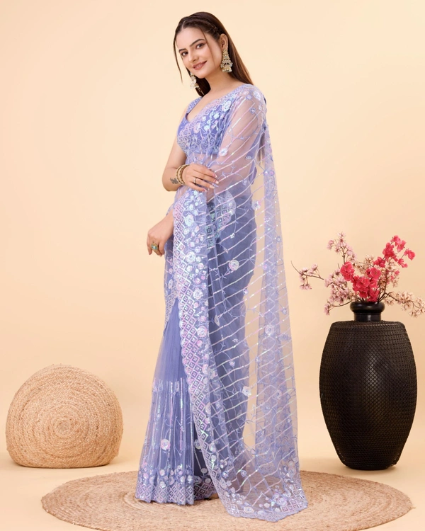 FWVLS PARTY WEAR SOFT NET EMBROIDERED DESIGNER SAREE WITH BLOUSE PIECE - Blue