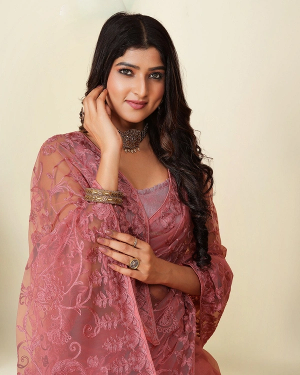 FWVLS SOFT NET CHIKANKARI EMBROIDRED SAREEE WITH BLOUSE PIECE - Pink