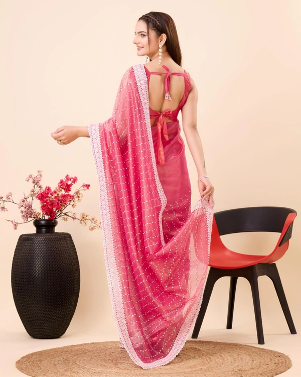 FWVLS PARTY WEAR SEQUINS EMBROIDERED SOFT NET SAREE WITH BLOUSE - Hot Pink