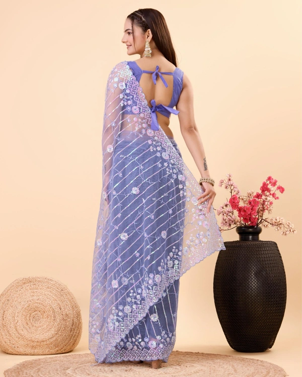 FWVLS PARTY WEAR SOFT NET EMBROIDERED DESIGNER SAREE WITH BLOUSE PIECE - Blue