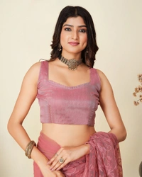 FWVLS SOFT NET CHIKANKARI EMBROIDRED SAREEE WITH BLOUSE PIECE - Pink