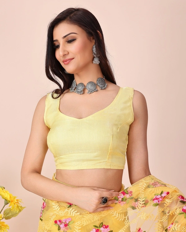 FWVLS CHIKANKARI EMBROIDERED SOFT NET SAREE WITH BLOUSE PIECE - Yellow