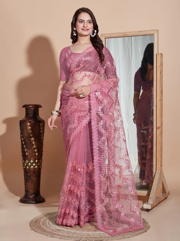 FWVLS DESIGNER SOFT NET SEQUINS WORK SAREE WITH BLOUSE PIECE - Pink
