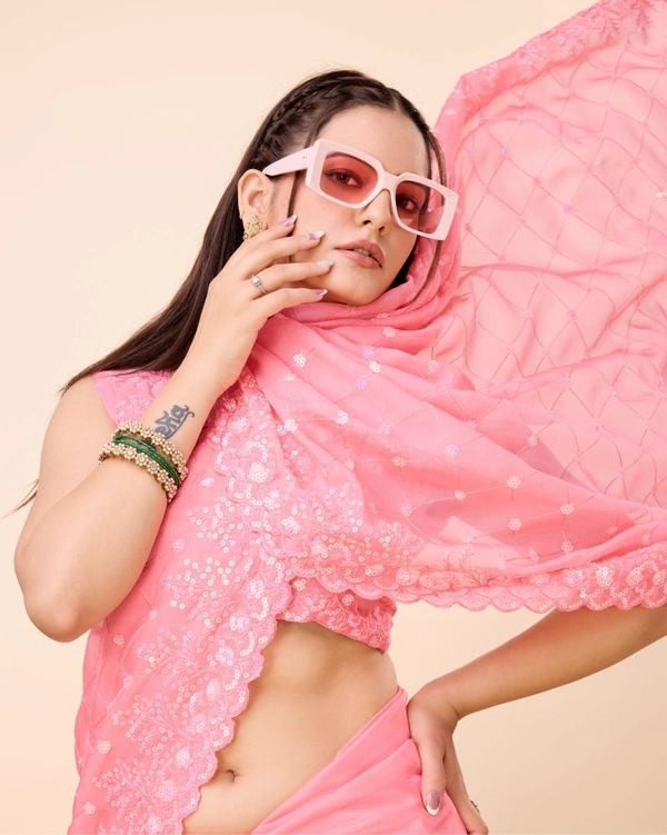 FWVLS PARTY WEAR TABBY SILK ORGANZA SAREE WITH BLOUSE PIECE - Pink