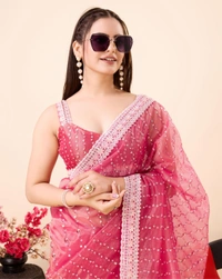 FWVLS PARTY WEAR SEQUINS EMBROIDERED SOFT NET SAREE WITH BLOUSE - Hot Pink