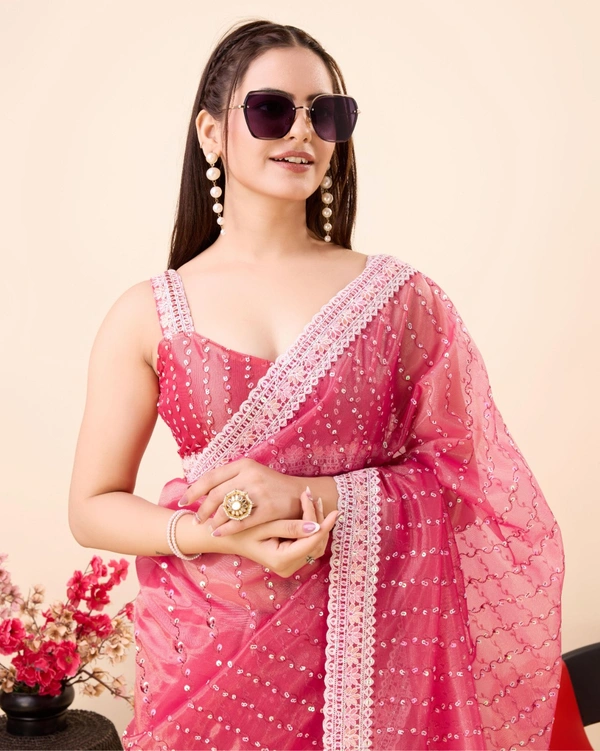 FWVLS PARTY WEAR SEQUINS EMBROIDERED SOFT NET SAREE WITH BLOUSE - Hot Pink