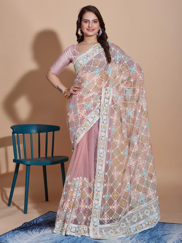 FWVLS BUTTERFLY NET PARTY WEAR EMBROIDRED SAREE WITH BLOUSE - Silk Pink