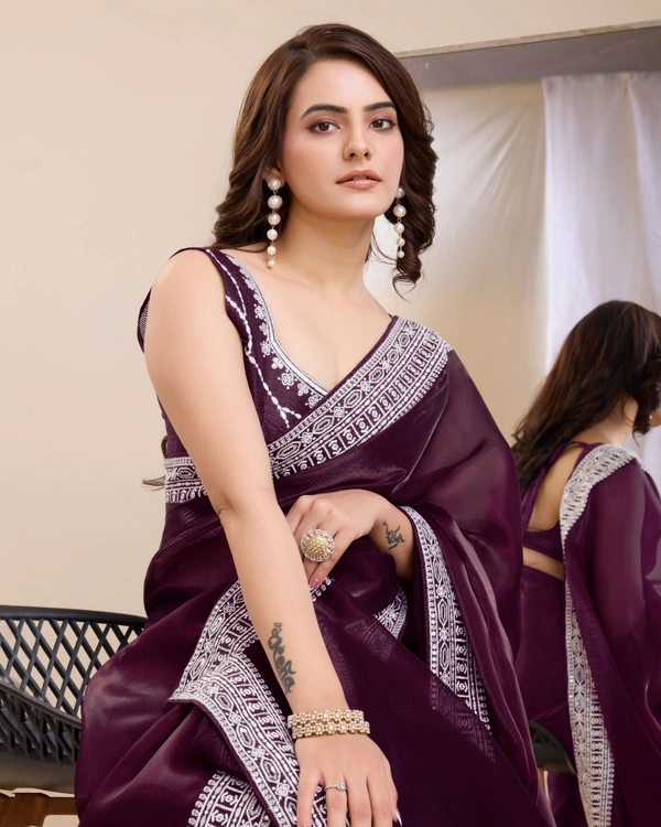 FWVLS PARTY WEAR EMBROIDERED SAREE WITH BLOUSE PIECE  - Livid Brown