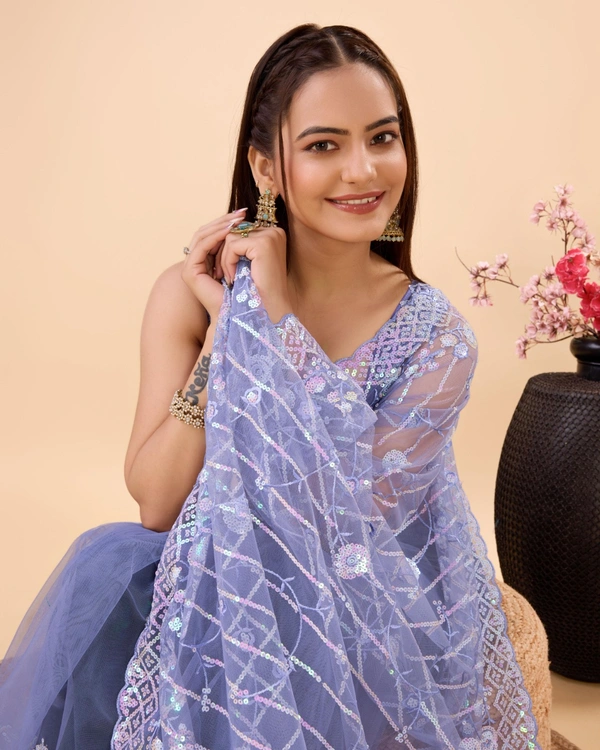 FWVLS PARTY WEAR SOFT NET EMBROIDERED DESIGNER SAREE WITH BLOUSE PIECE - Blue