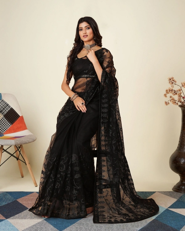 FWVLS SOFT NET CHIKANKARI EMBROIDRED SAREEE WITH BLOUSE PIECE - Black