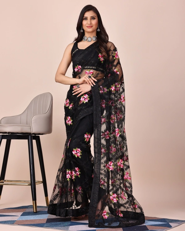FWVLS CHIKANKARI EMBROIDERED SOFT NET SAREE WITH BLOUSE PIECE - Black