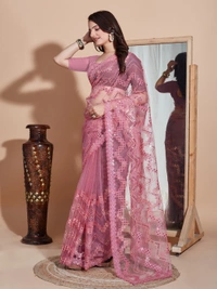 FWVLS DESIGNER SOFT NET SEQUINS WORK SAREE WITH BLOUSE PIECE - Pink