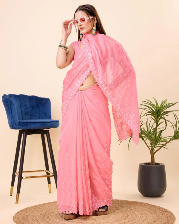 FWVLS PARTY WEAR TABBY SILK ORGANZA SAREE WITH BLOUSE PIECE - Pink