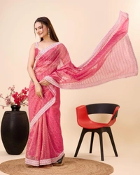 FWVLS PARTY WEAR SEQUINS EMBROIDERED SOFT NET SAREE WITH BLOUSE - Hot Pink