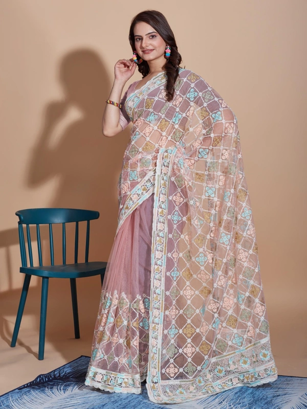 FWVLS BUTTERFLY NET PARTY WEAR EMBROIDRED SAREE WITH BLOUSE - Silk Pink