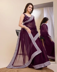 FWVLS PARTY WEAR EMBROIDERED SAREE WITH BLOUSE PIECE  - Livid Brown