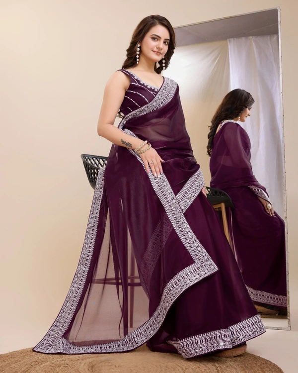FWVLS PARTY WEAR EMBROIDERED SAREE WITH BLOUSE PIECE  - Livid Brown