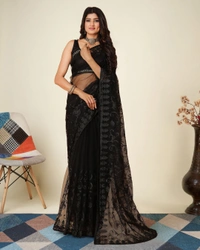 FWVLS SOFT NET CHIKANKARI EMBROIDRED SAREEE WITH BLOUSE PIECE - Black