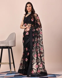FWVLS CHIKANKARI EMBROIDERED SOFT NET SAREE WITH BLOUSE PIECE - Black