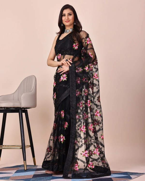 FWVLS CHIKANKARI EMBROIDERED SOFT NET SAREE WITH BLOUSE PIECE - Black