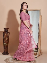 FWVLS DESIGNER SOFT NET SEQUINS WORK SAREE WITH BLOUSE PIECE - Pink