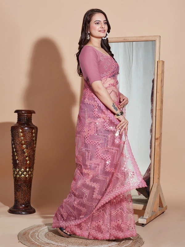 FWVLS DESIGNER SOFT NET SEQUINS WORK SAREE WITH BLOUSE PIECE - Pink