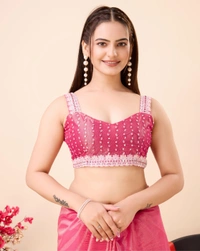 FWVLS PARTY WEAR SEQUINS EMBROIDERED SOFT NET SAREE WITH BLOUSE - Hot Pink