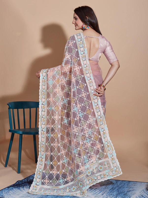 FWVLS BUTTERFLY NET PARTY WEAR EMBROIDRED SAREE WITH BLOUSE - Silk Pink