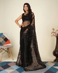 FWVLS SOFT NET CHIKANKARI EMBROIDRED SAREEE WITH BLOUSE PIECE - Black