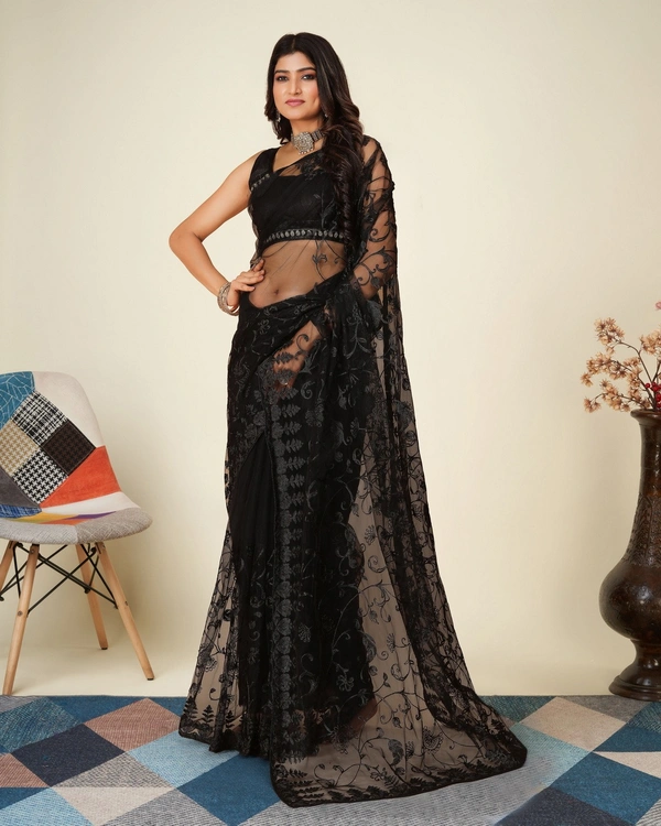 FWVLS SOFT NET CHIKANKARI EMBROIDRED SAREEE WITH BLOUSE PIECE - Black