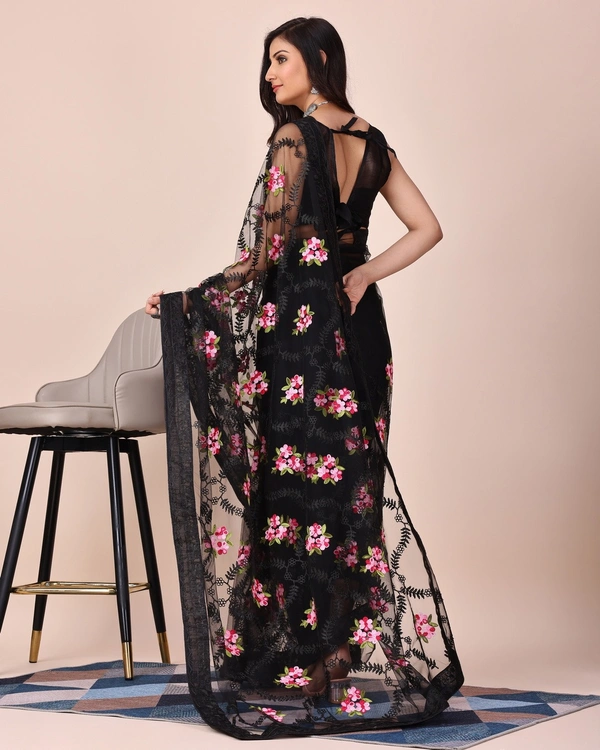 FWVLS CHIKANKARI EMBROIDERED SOFT NET SAREE WITH BLOUSE PIECE - Black
