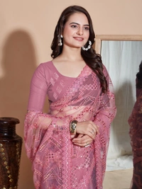 FWVLS DESIGNER SOFT NET SEQUINS WORK SAREE WITH BLOUSE PIECE - Pink