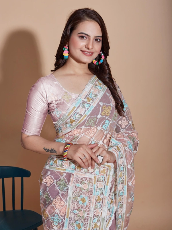 FWVLS BUTTERFLY NET PARTY WEAR EMBROIDRED SAREE WITH BLOUSE - Silk Pink