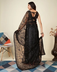 FWVLS SOFT NET CHIKANKARI EMBROIDRED SAREEE WITH BLOUSE PIECE - Black