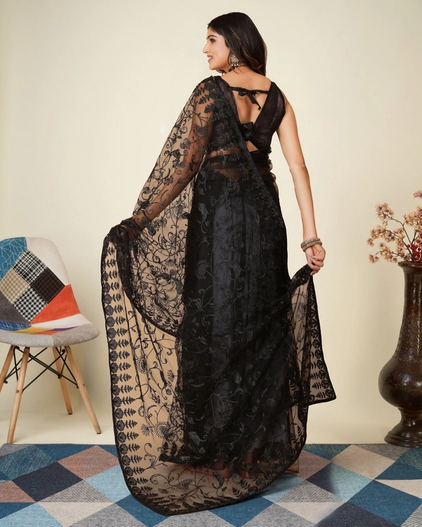 FWVLS SOFT NET CHIKANKARI EMBROIDRED SAREEE WITH BLOUSE PIECE - Black