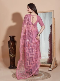 FWVLS DESIGNER SOFT NET SEQUINS WORK SAREE WITH BLOUSE PIECE - Pink