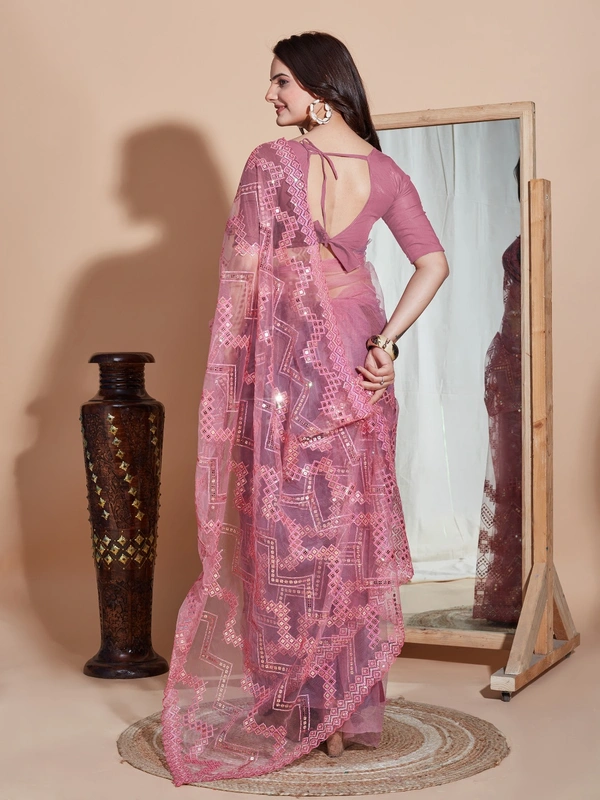 FWVLS DESIGNER SOFT NET SEQUINS WORK SAREE WITH BLOUSE PIECE - Pink